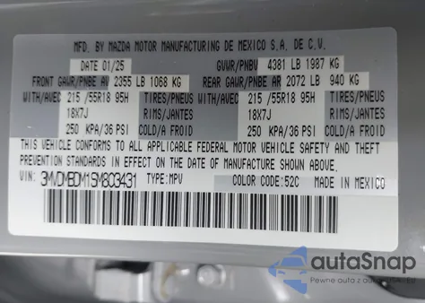 2025 Mazda Cx-30 2.5 S Premium Package z USA, uszkodzony, nr VIN 3MVDMBDM1SM803431